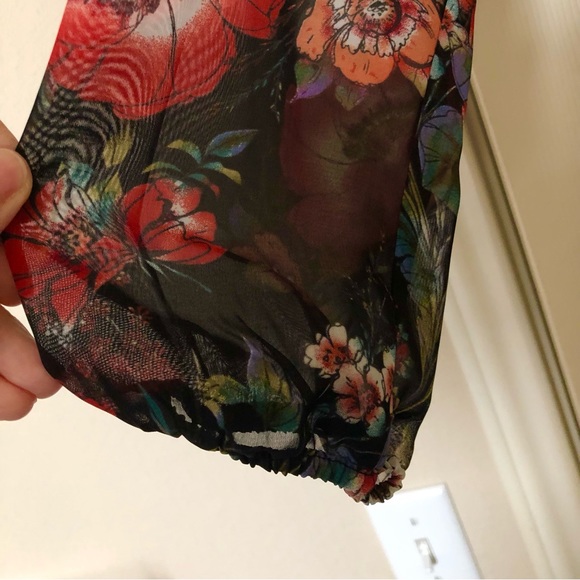 Black Red Dark Floral Chiffon 3/4 Long Sleeve Maxi Dress 6 - Picture 8 of 16